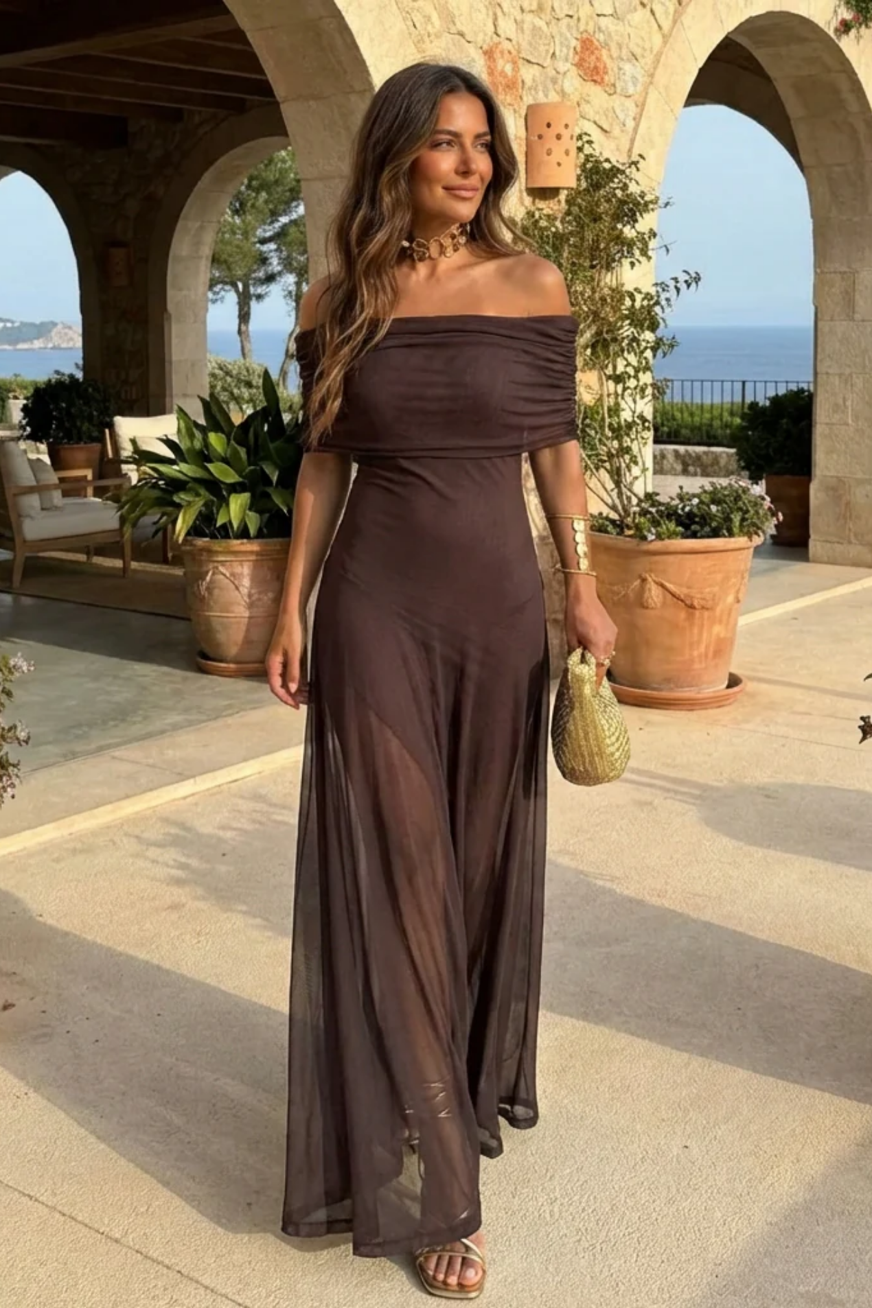 Abito lungo da donna con spalle scoperte – Abito elegante e fluido in maglia trasparente