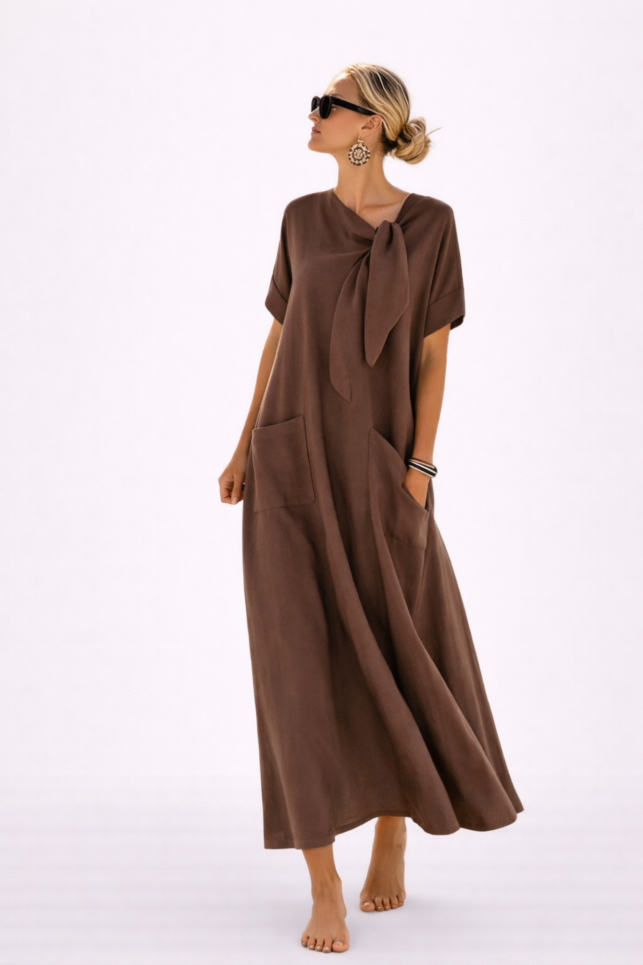 Vestito Lungo da Donna Casual – Vestito Morbido con Fiocco e Grandi Tasche