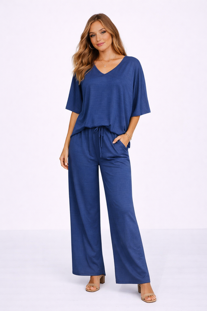 Completo da Donna 2 Pezzi – Top Scollo a V e Pantaloni Ampi Fluidi