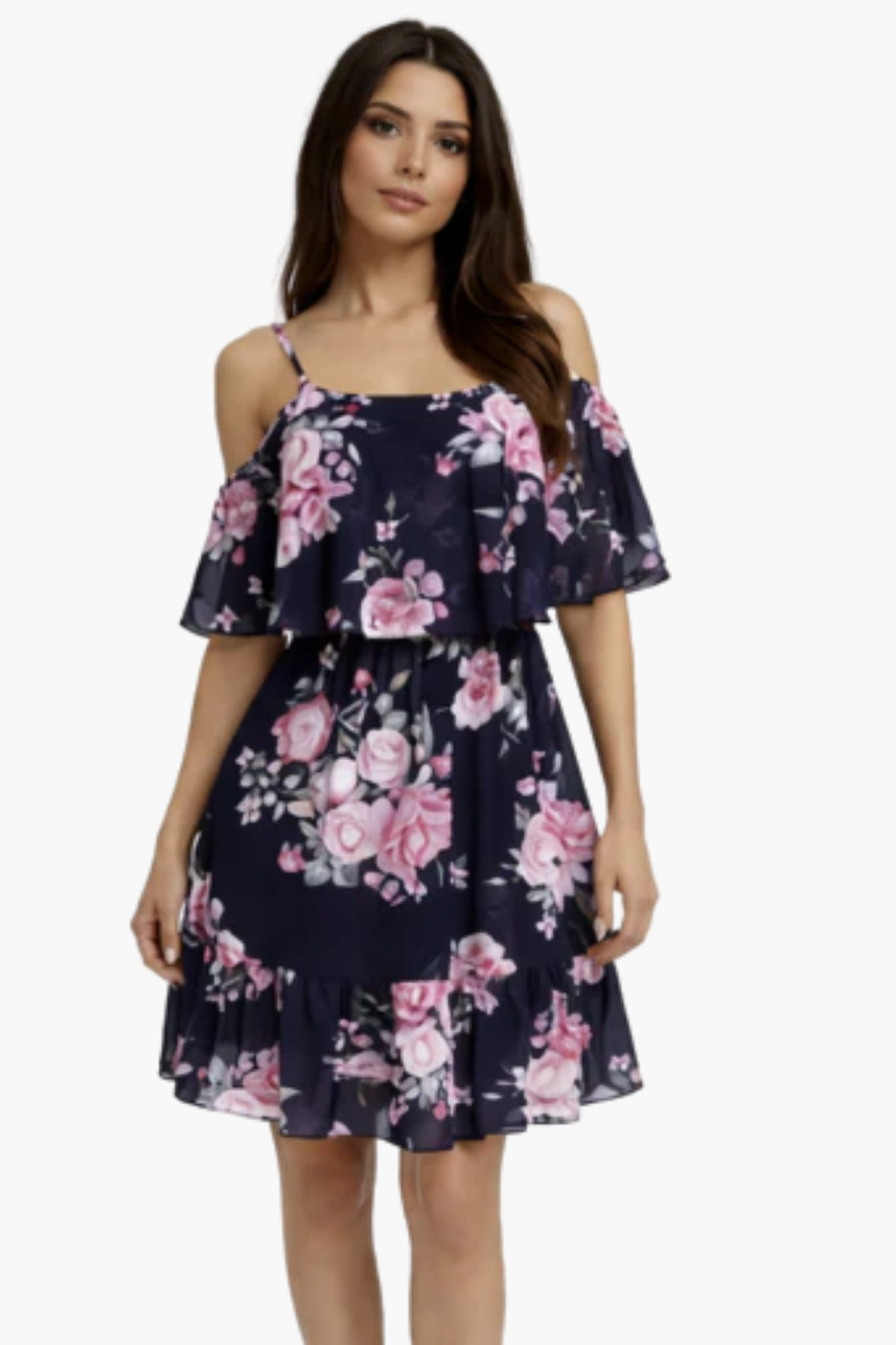 Vestito corto a fiori con spalle scoperte e balze