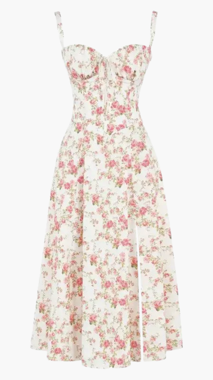 Robe Midi Femme Fleurie À Bretelles – Robe Élégante Coupe Ajustée Avec Fente