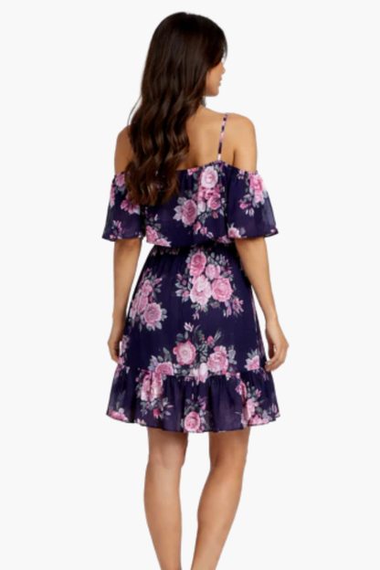 Vestito corto a fiori con spalle scoperte e balze