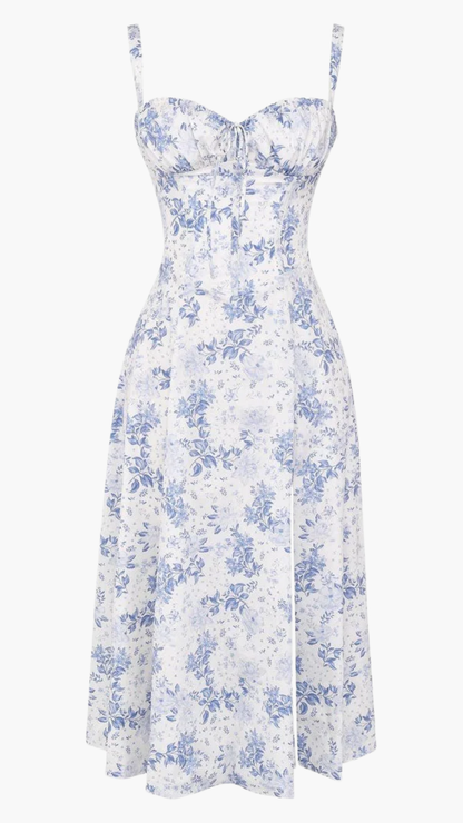 Robe Midi Femme Fleurie À Bretelles – Robe Élégante Coupe Ajustée Avec Fente