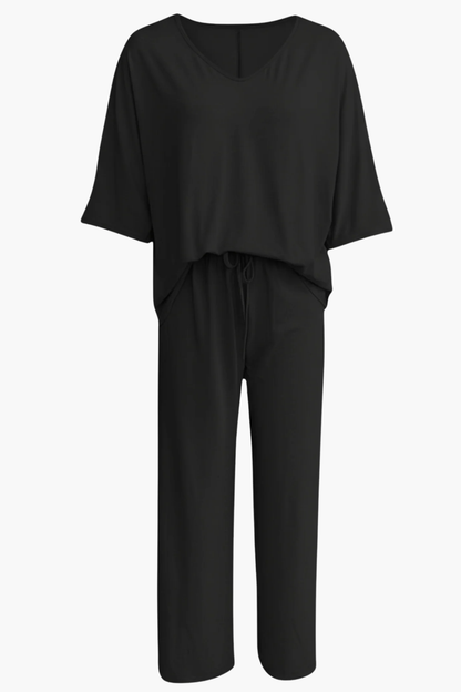 Completo da Donna 2 Pezzi – Top Scollo a V e Pantaloni Ampi Fluidi