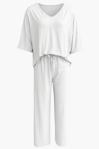 Completo da Donna 2 Pezzi – Top Scollo a V e Pantaloni Ampi Fluidi