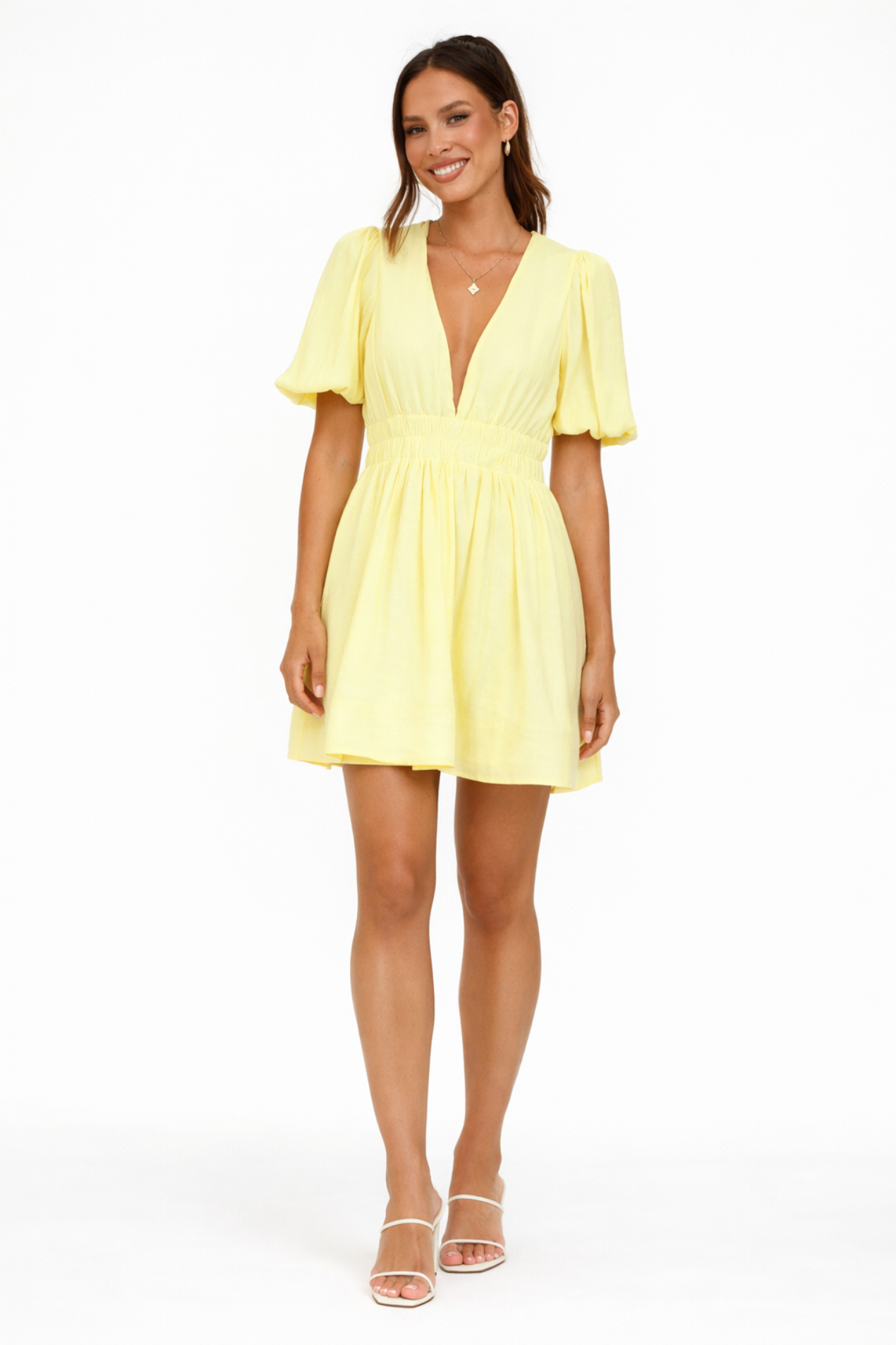 Vestito Corto da Donna con Scollo a V – Abito Fluido Elegante con Vita Smock