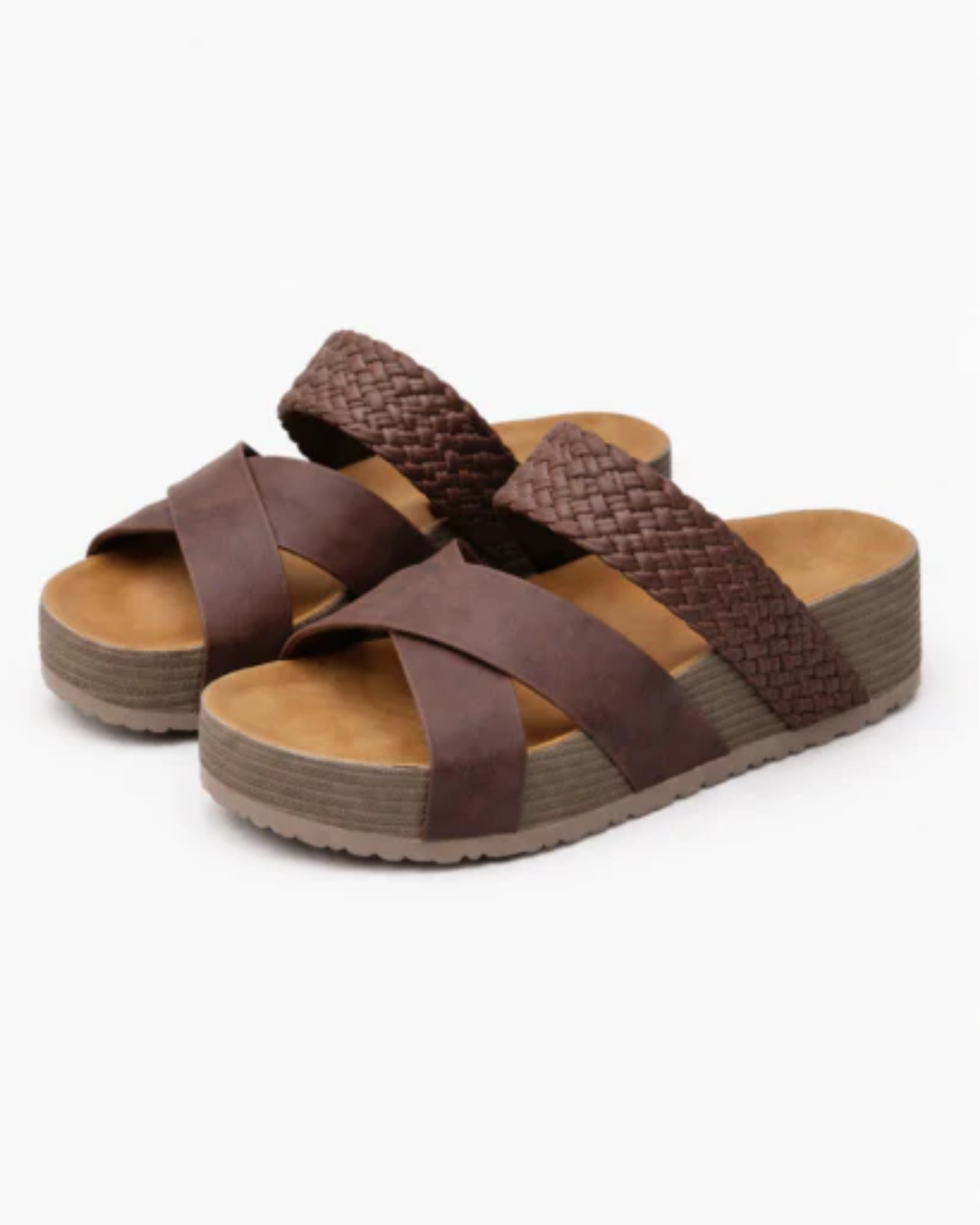 Sandales compensées femme à brides croisées avec bride tressée et semelle épaisse texturée