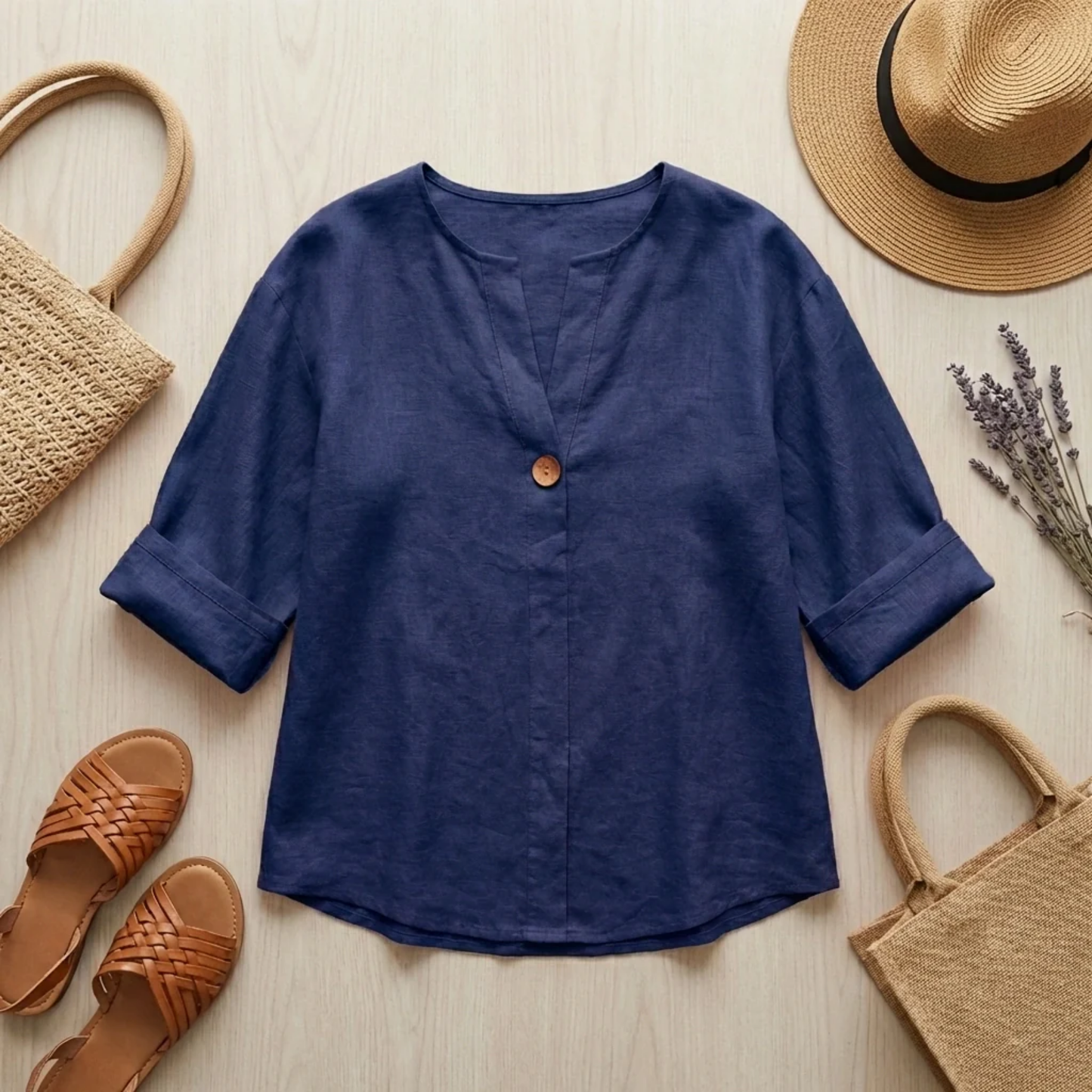 Camicetta Lino Donna Casual – Scollo a V e Maniche Risvoltate