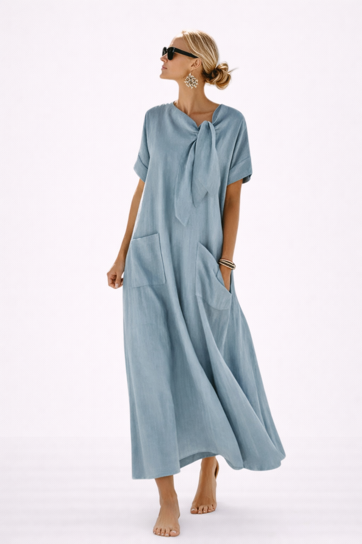 Vestito Lungo da Donna Casual – Vestito Morbido con Fiocco e Grandi Tasche