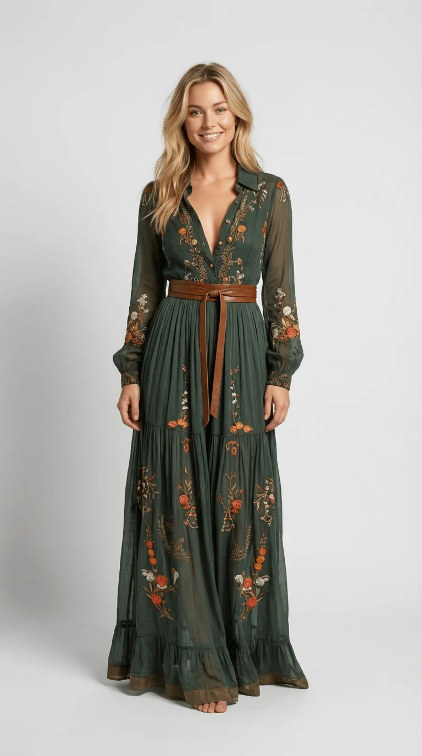 Abito Lungo Bohémien Donna Verde Scuro con Ricami Floreali