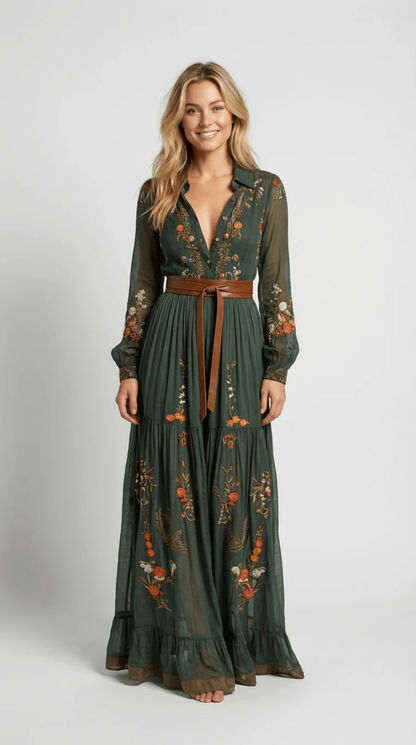 Abito Lungo Bohémien Donna Verde Scuro con Ricami Floreali