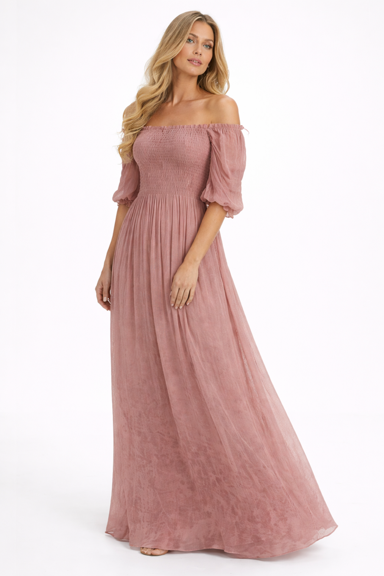 Robe longue femme épaules dénudées coupe fluide taille smockée