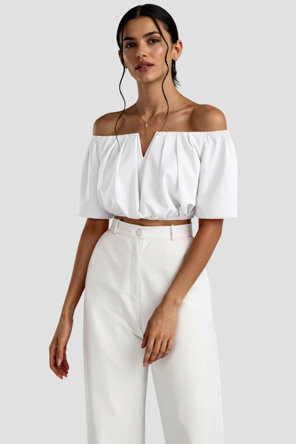 Top corto Bardot da donna – Top con spalle scoperte a maniche a sbuffo