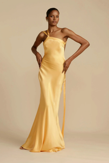 Abito lungo da donna in raso – Abito elegante asimmetrico monospalla