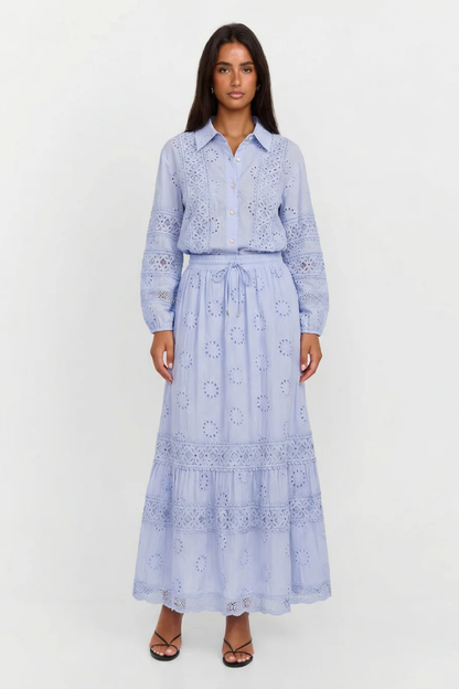 Ensemble Femme 2 Pièces – Chemise Boutonnée et Jupe Longue Maxi Élégante
