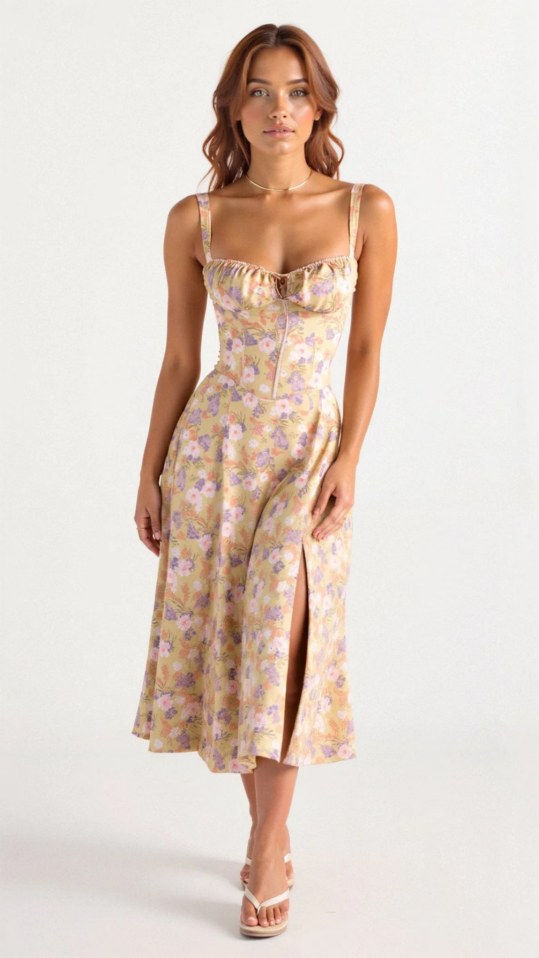 Robe Midi Femme Fleurie À Bretelles – Robe Élégante Coupe Ajustée Avec Fente
