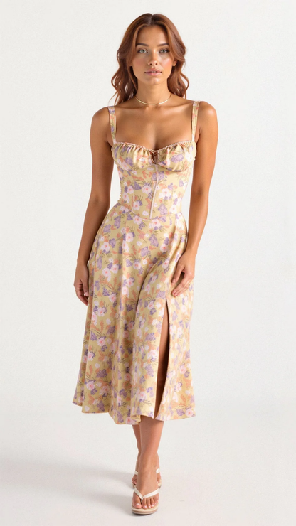 Robe Midi Femme Fleurie À Bretelles – Robe Élégante Coupe Ajustée Avec Fente