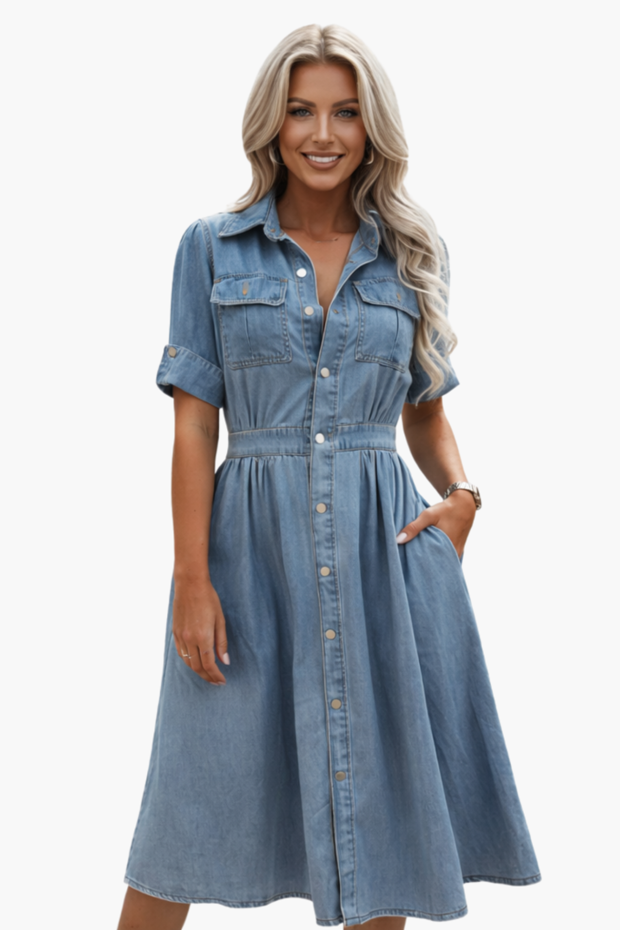 Vestito Chemisier in Denim Midi con Vita Aderente e Maniche Corte