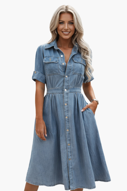 Vestito Chemisier in Denim Midi con Vita Aderente e Maniche Corte