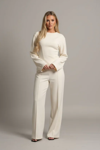 Completo Elegante da Donna - Top Aderente a Maniche Lunghe e Pantaloni a Gamba Larga