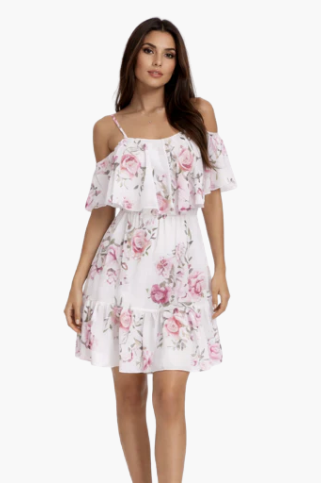 Vestito corto a fiori con spalle scoperte e balze