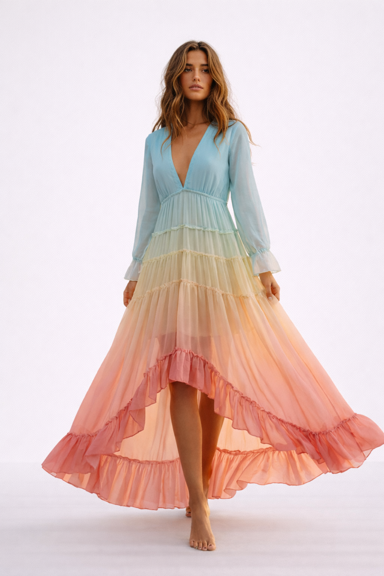 Abito Lungo da Donna Bohemien con Volant – Abito Fluido con Scollo a V e Orlo Asimmetrico