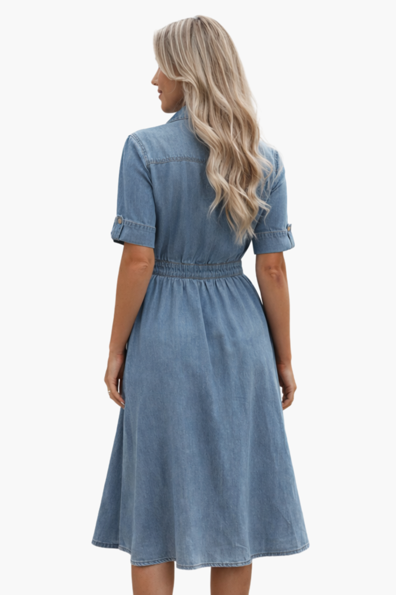 Vestito Chemisier in Denim Midi con Vita Aderente e Maniche Corte