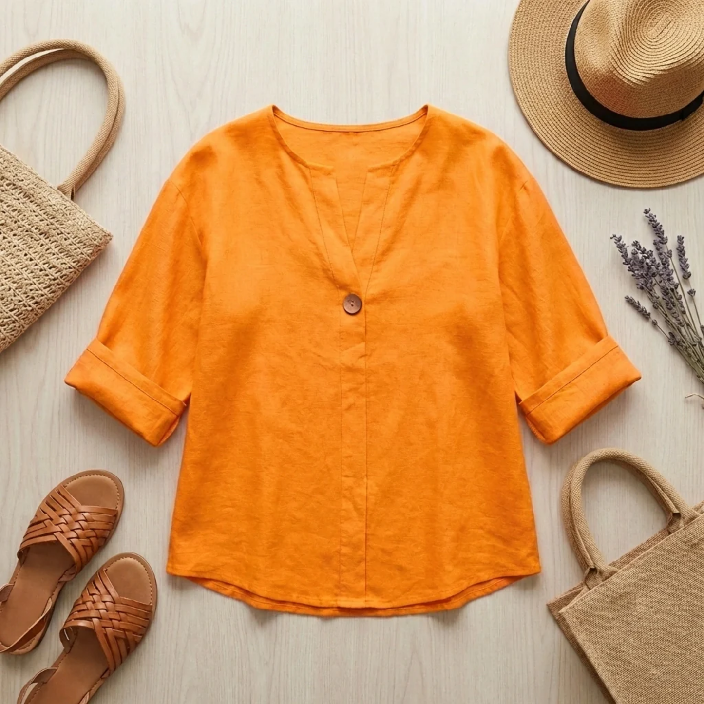 Camicetta Lino Donna Casual – Scollo a V e Maniche Risvoltate