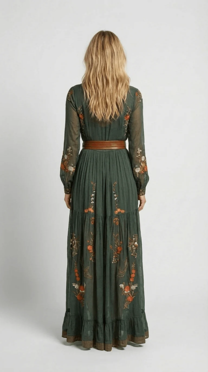 Abito Lungo Bohémien Donna Verde Scuro con Ricami Floreali
