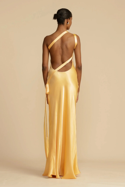 Abito lungo da donna in raso – Abito elegante asimmetrico monospalla