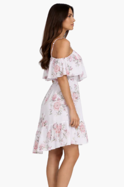 Vestito corto a fiori con spalle scoperte e balze