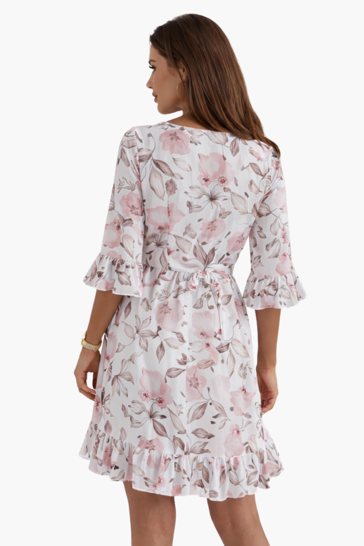 Robe Courte Portefeuille à Imprimé Floral et Manches Volantées