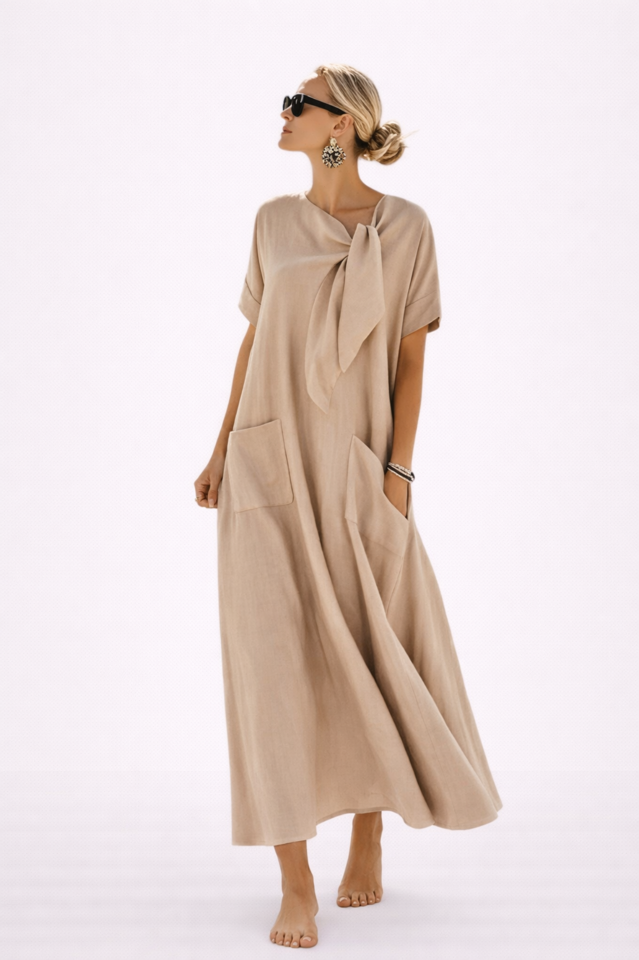 Vestito Lungo da Donna Casual – Vestito Morbido con Fiocco e Grandi Tasche