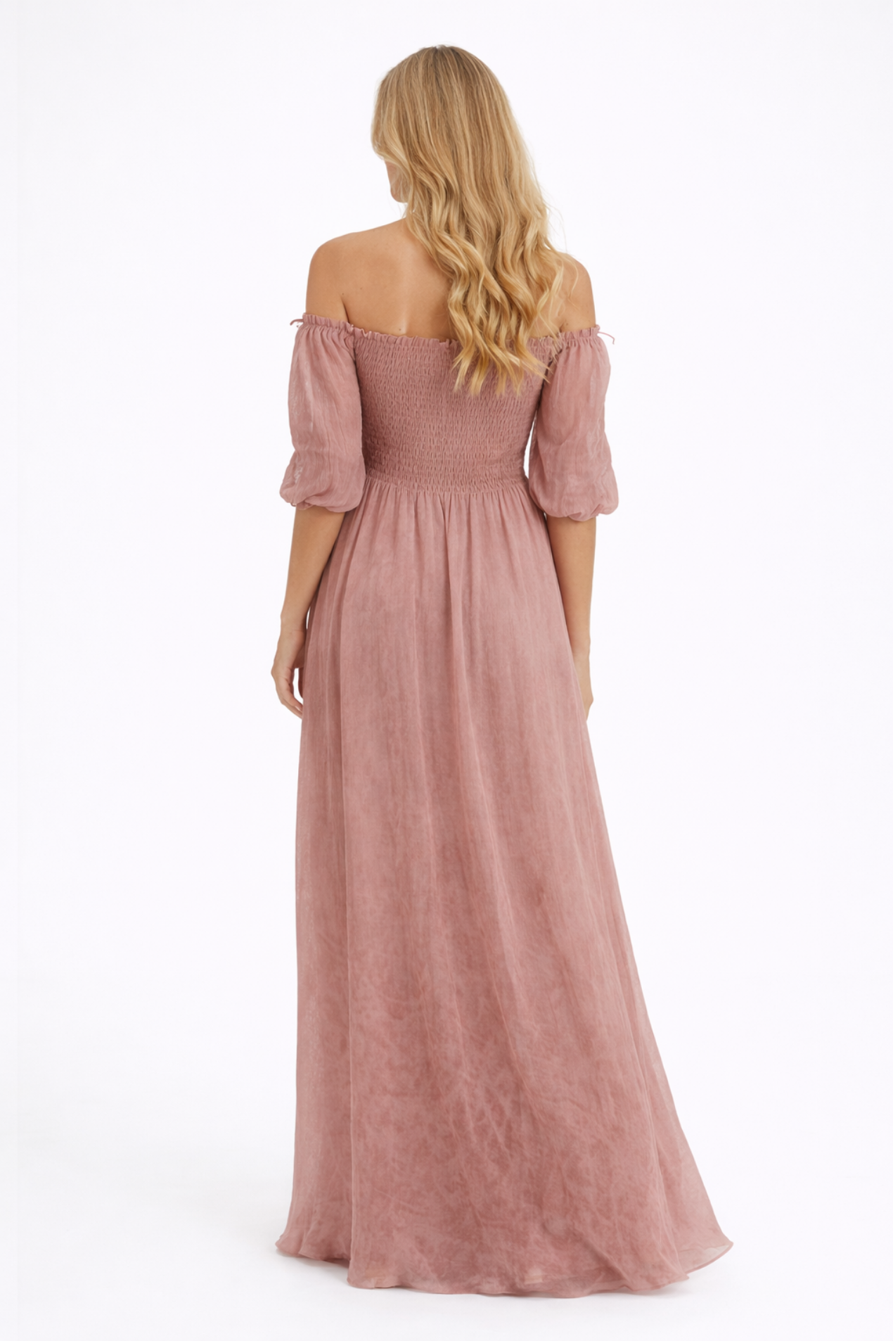 Robe longue femme épaules dénudées coupe fluide taille smockée