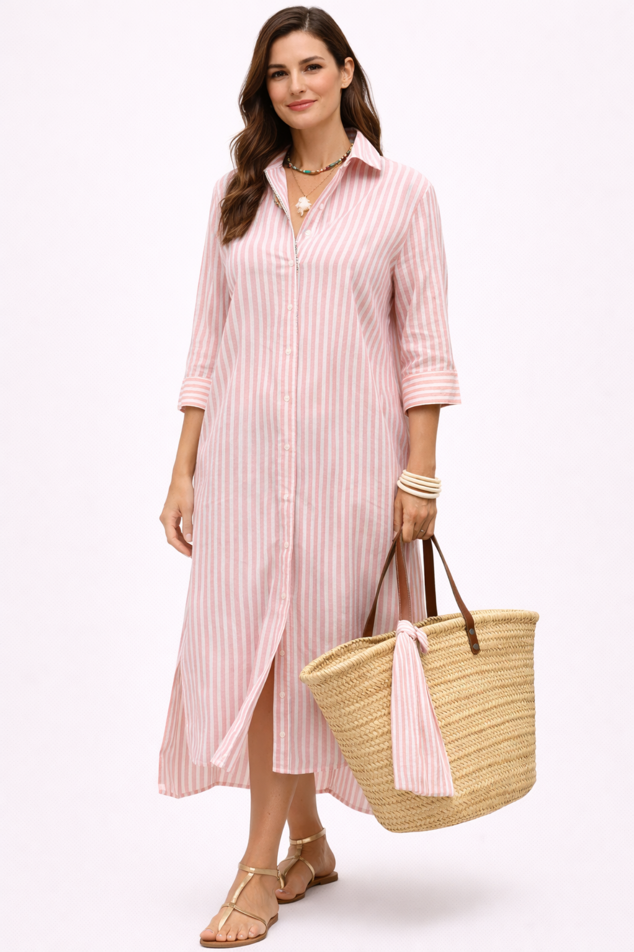 Robe Chemise Femme Rayée – Robe Midi Boutonnée Style Décontracté Chic