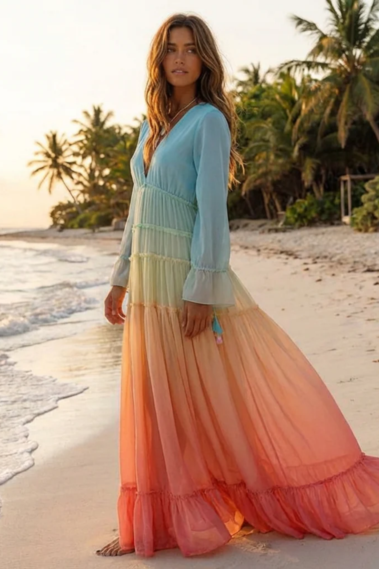 Abito Lungo da Donna Bohemien con Volant – Abito Fluido con Scollo a V e Orlo Asimmetrico