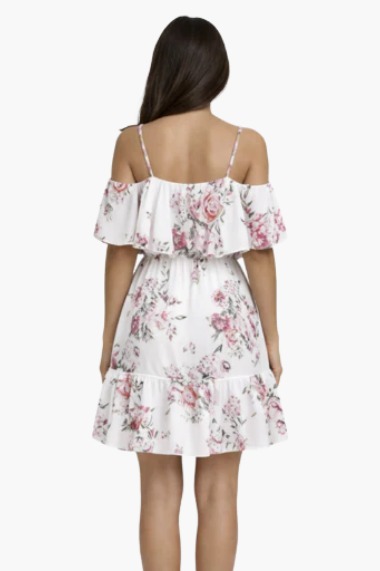 Vestito corto a fiori con spalle scoperte e balze