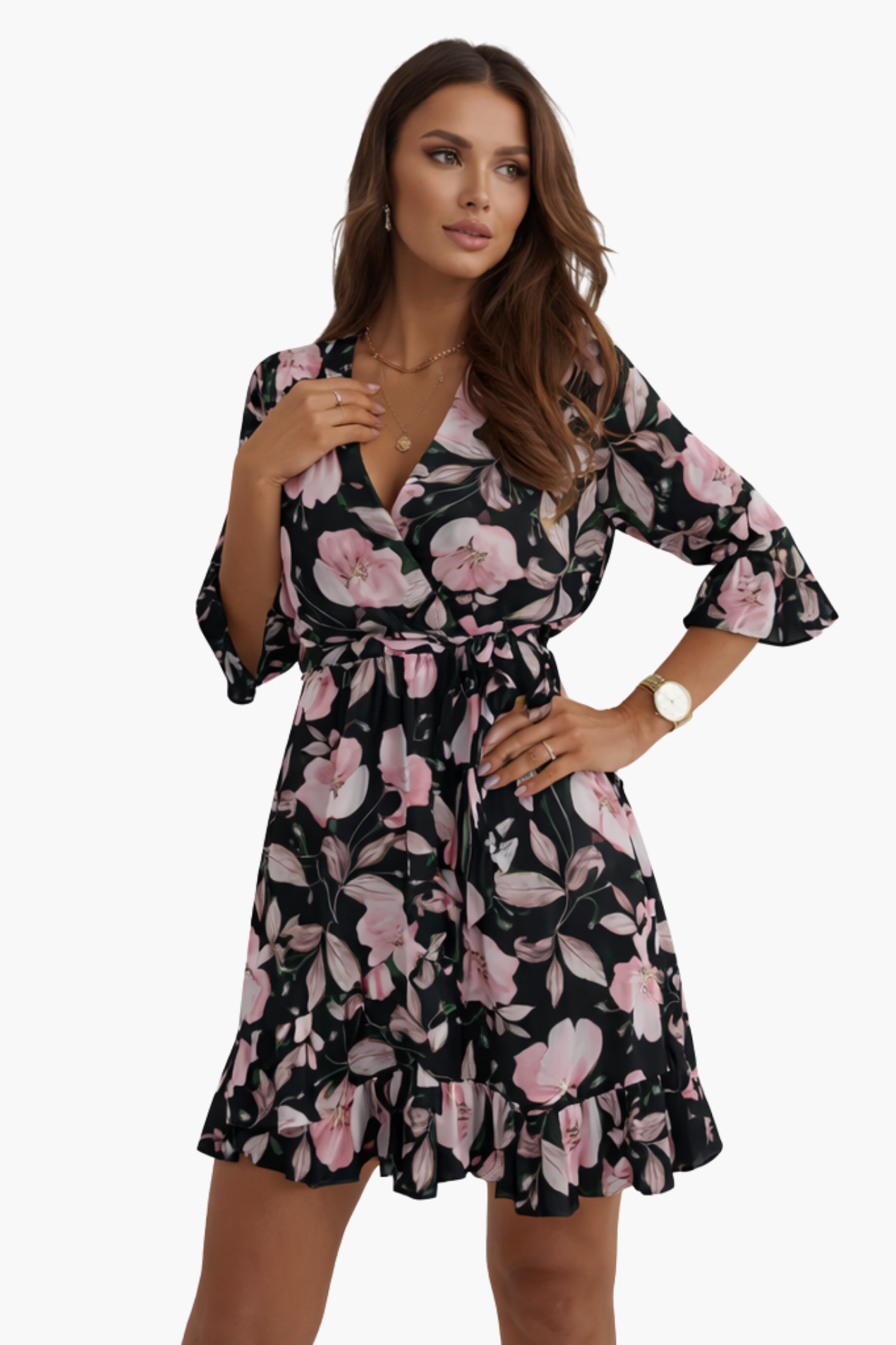 Robe Courte Portefeuille à Imprimé Floral et Manches Volantées