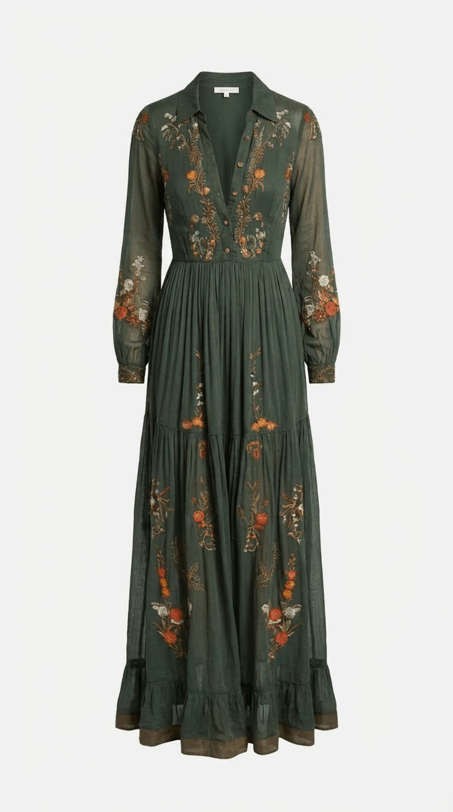 Abito Lungo Bohémien Donna Verde Scuro con Ricami Floreali