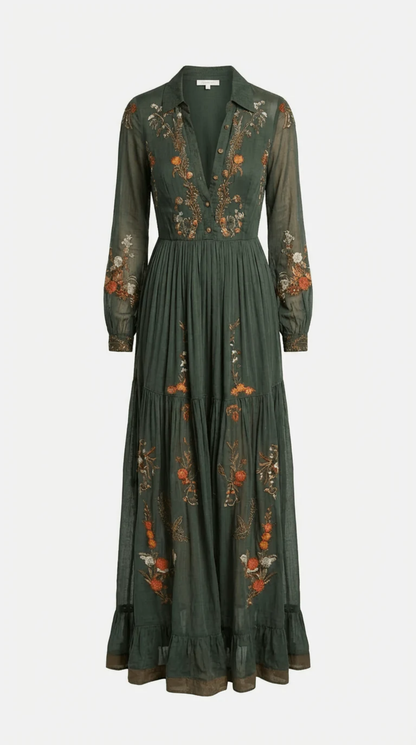 Abito Lungo Bohémien Donna Verde Scuro con Ricami Floreali