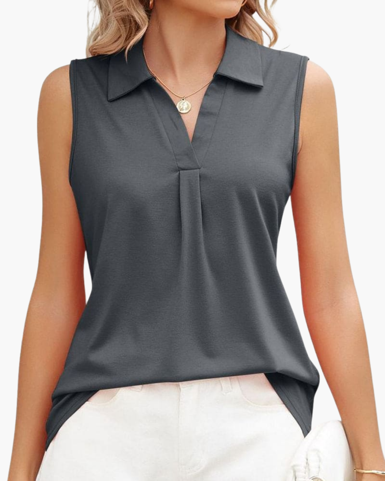 Top Femme Sans Manches – Haut Élégant à Col Polo et Encolure V