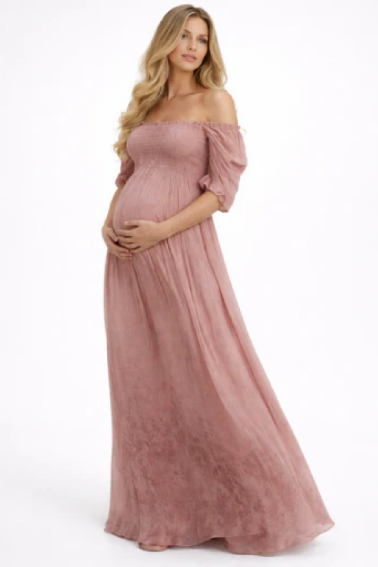 Robe longue femme épaules dénudées coupe fluide taille smockée