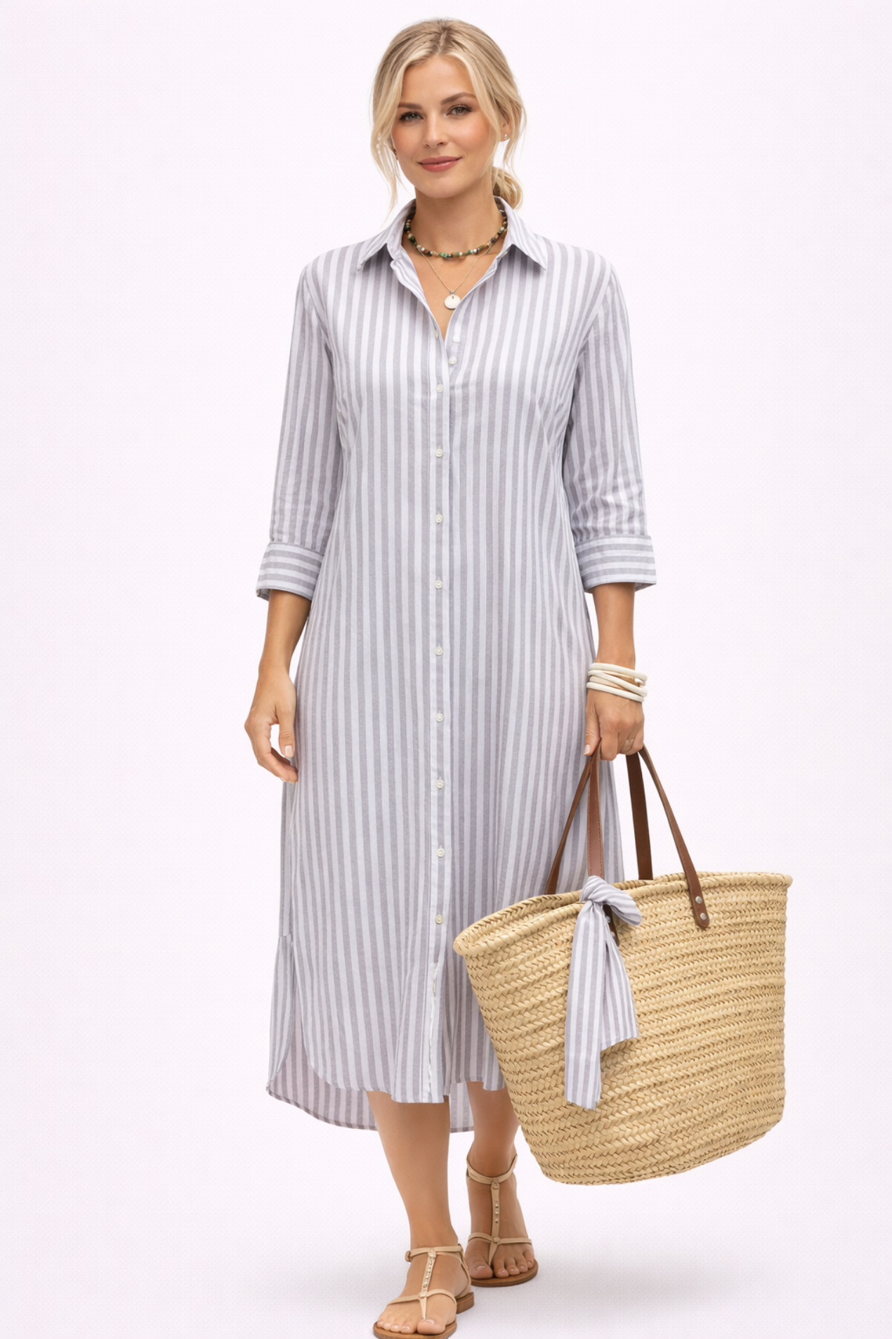 Robe Chemise Femme Rayée – Robe Midi Boutonnée Style Décontracté Chic