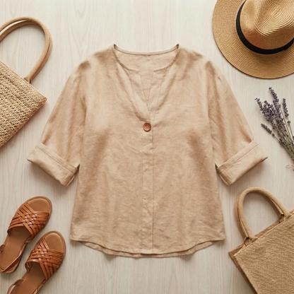 Camicetta Lino Donna Casual – Scollo a V e Maniche Risvoltate
