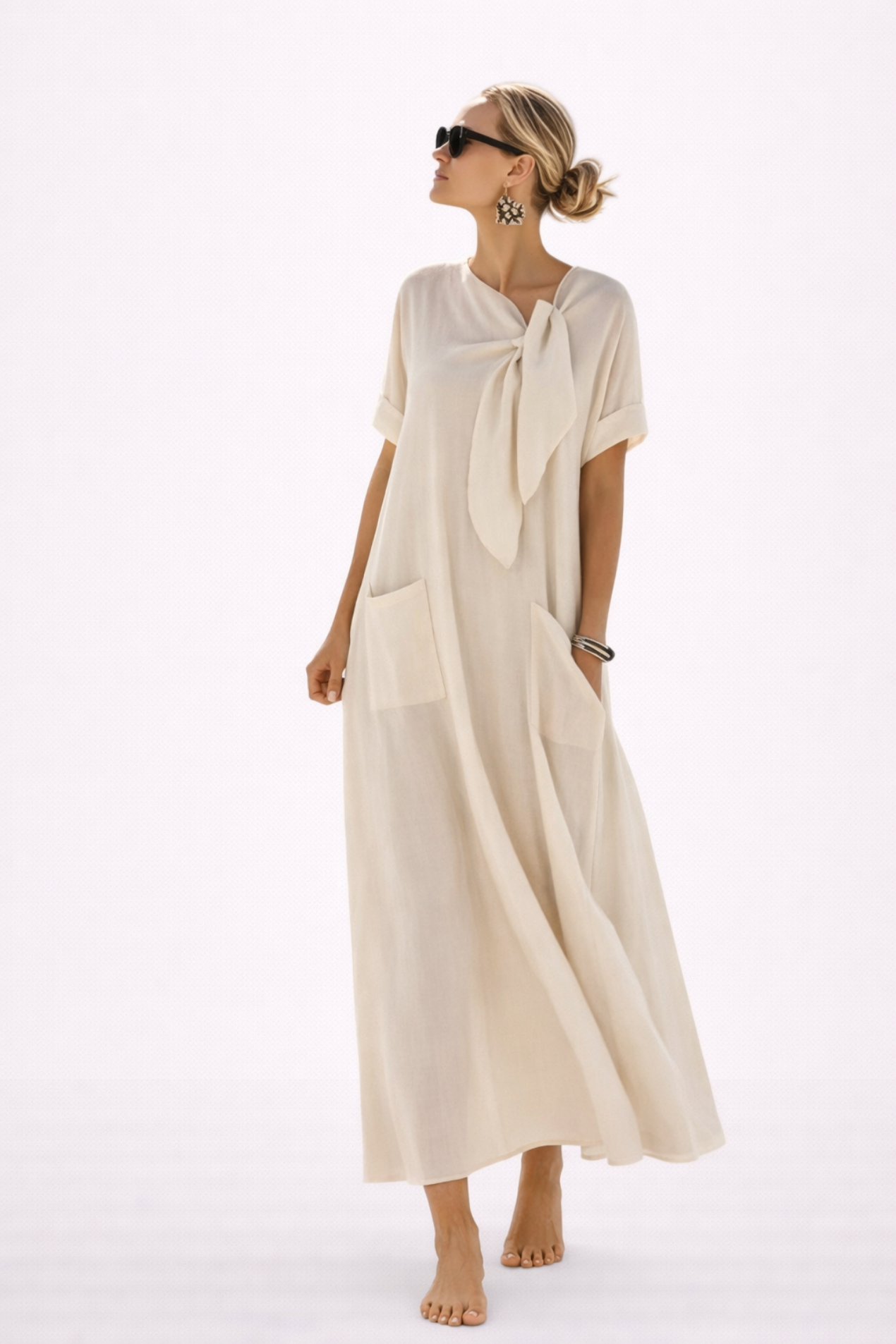 Vestito Lungo da Donna Casual – Vestito Morbido con Fiocco e Grandi Tasche
