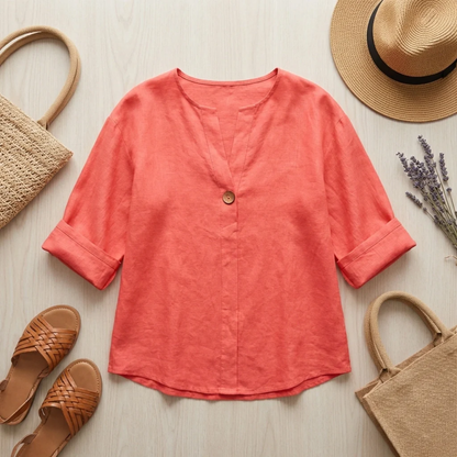 Camicetta Lino Donna Casual – Scollo a V e Maniche Risvoltate