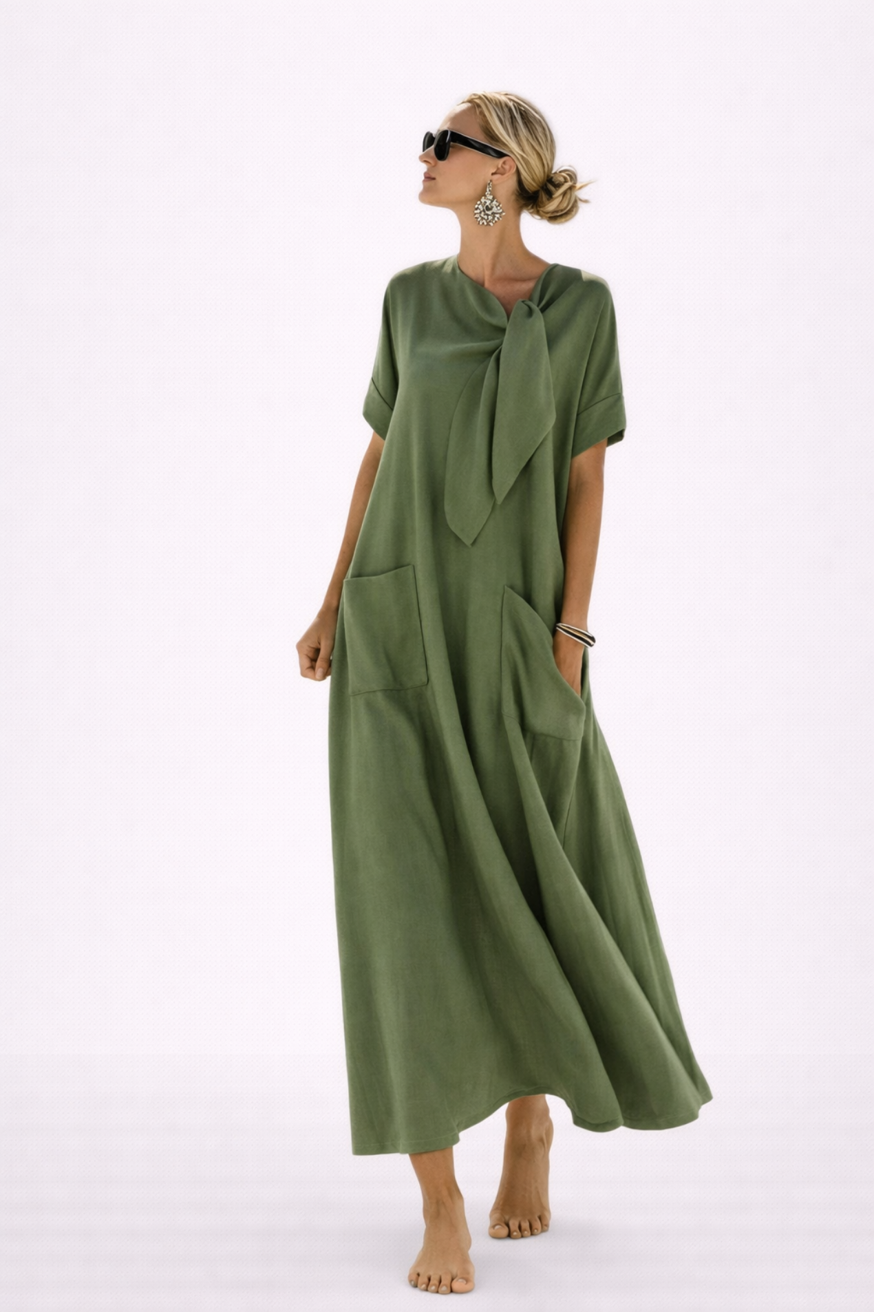 Vestito Lungo da Donna Casual – Vestito Morbido con Fiocco e Grandi Tasche
