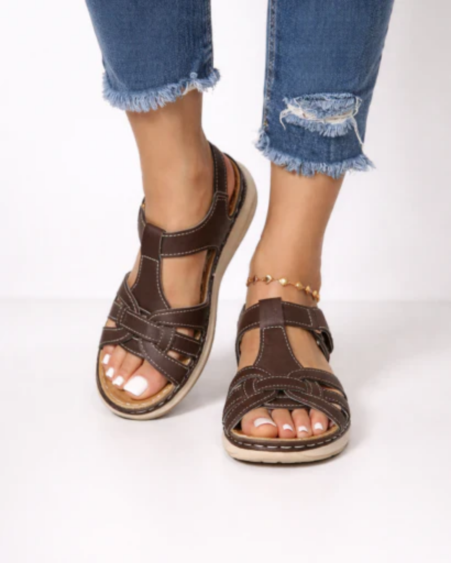 Sandales Femme Plates à Brides Entrecroisées avec Bride Cheville Ajustable et Semelle Compensée