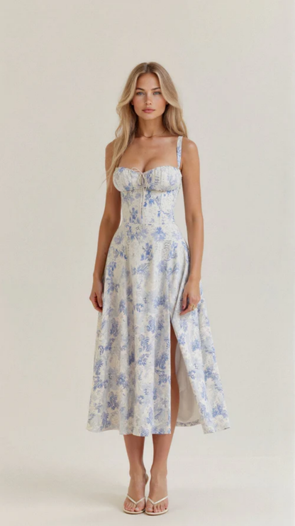 Robe Midi Femme Fleurie À Bretelles – Robe Élégante Coupe Ajustée Avec Fente