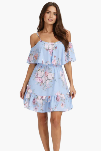 Vestito corto a fiori con spalle scoperte e balze